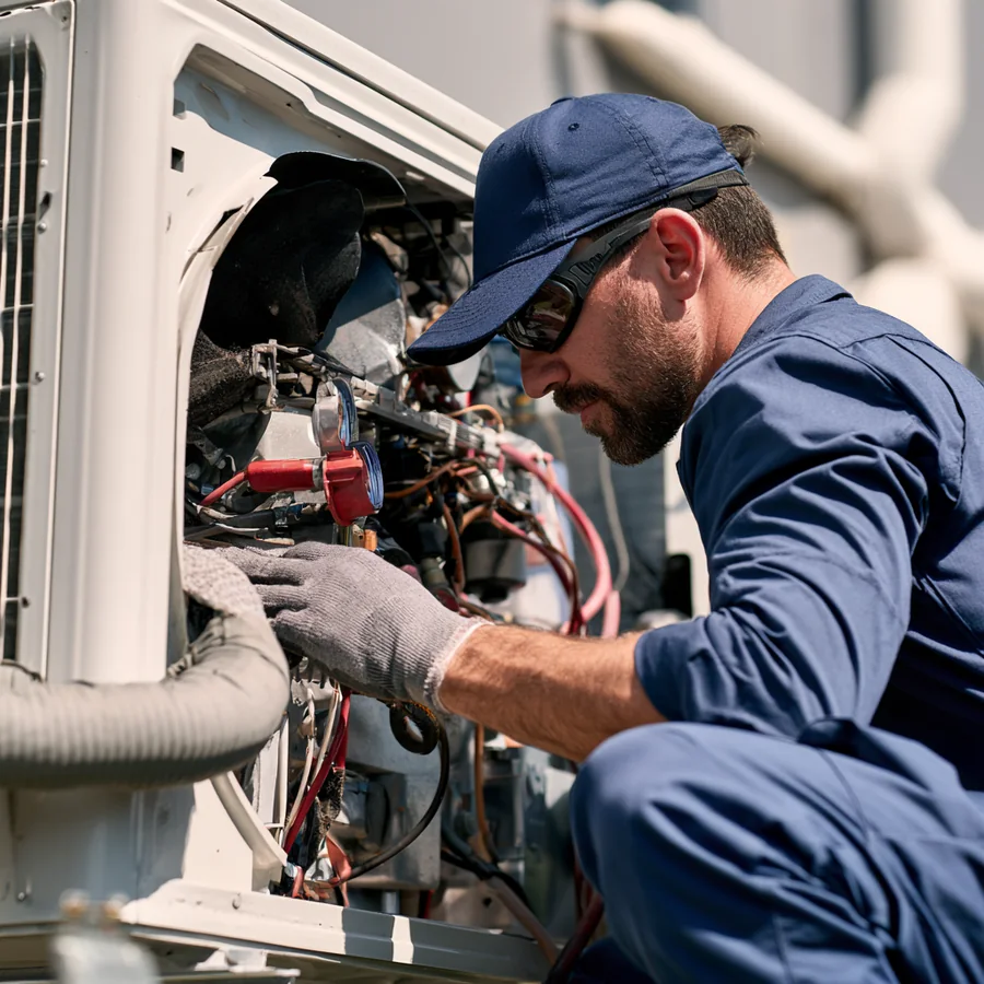 HVAC technician connecting diagnostic equipment to an outdoor system