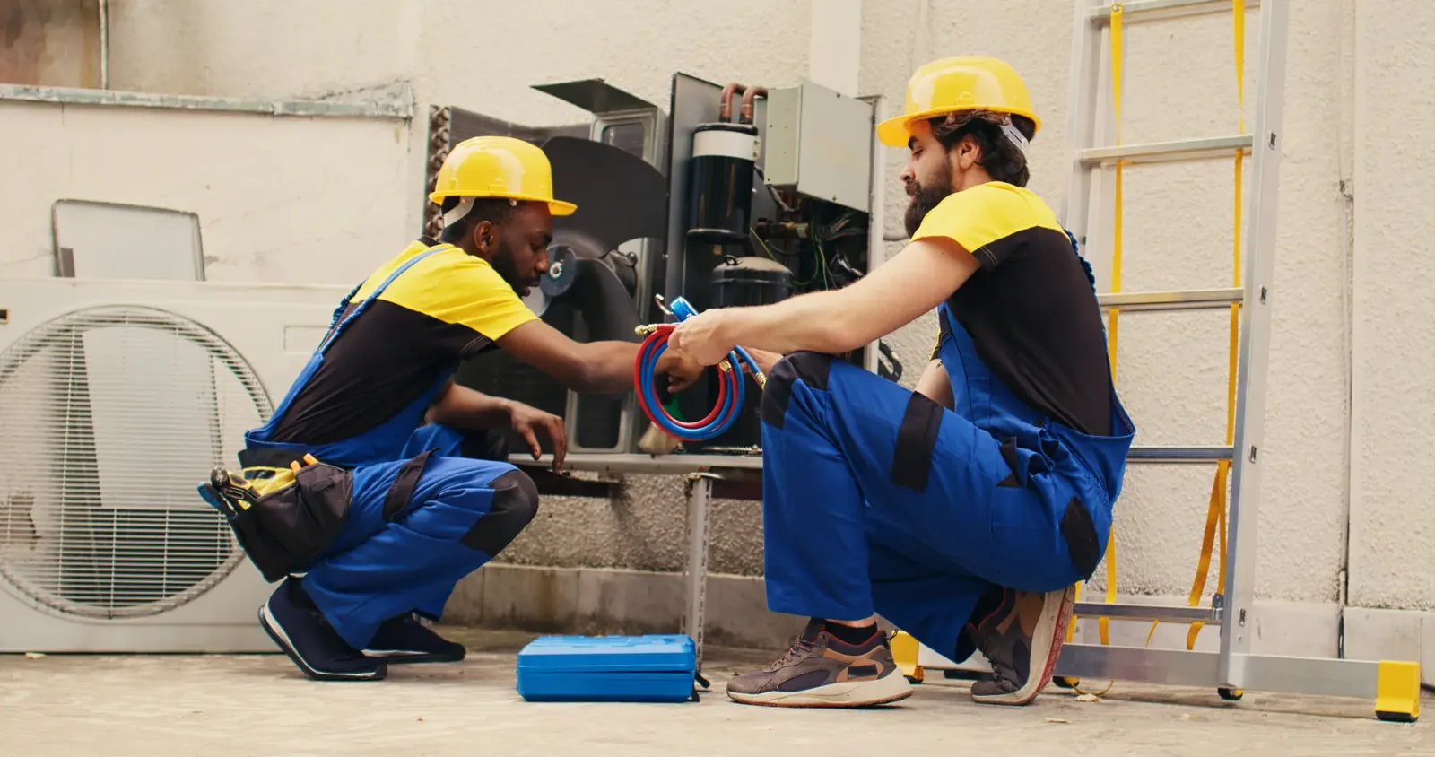 Two HVAC technicians servicing outdoor cooling equipment