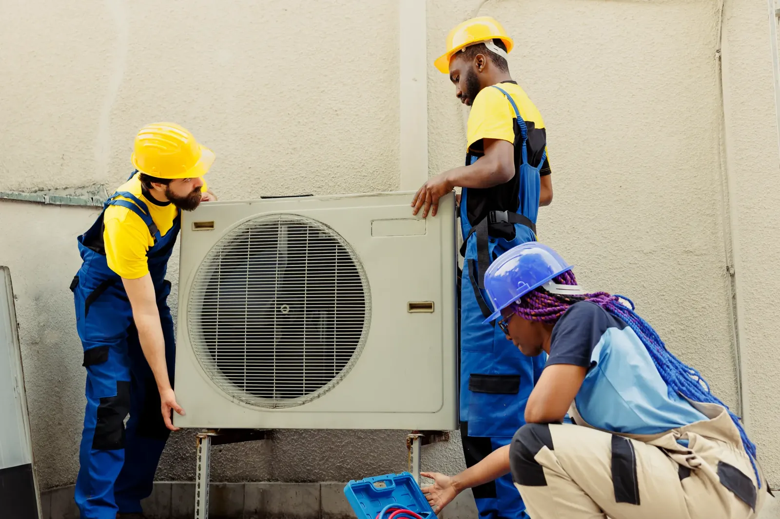 HVAC service team working together on outdoor equipment