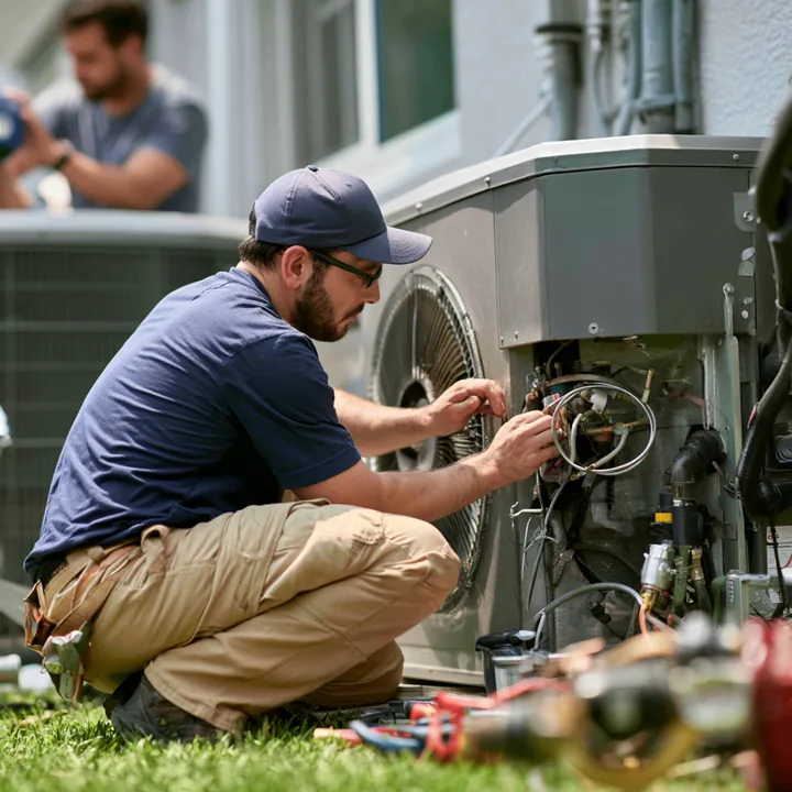 Technician checking an outdoor air conditioning unit