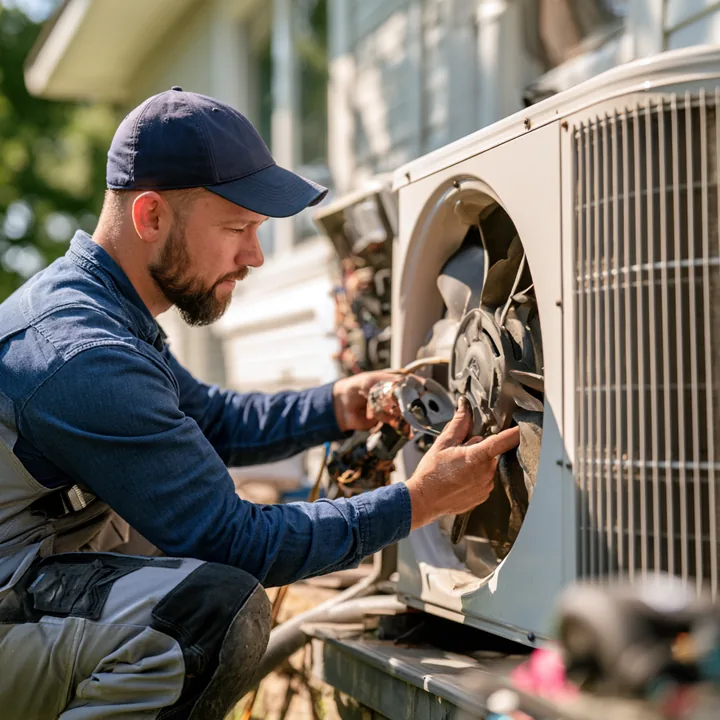 HVAC technician inspecting an outdoor condenser fan