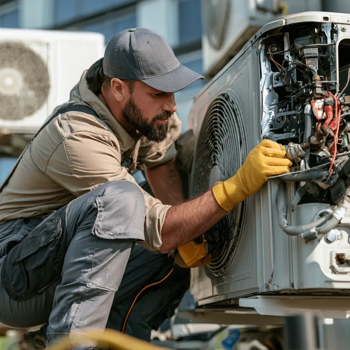 Technician inspecting residential HVAC wiring