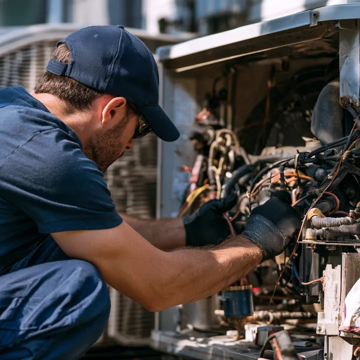 Technician repairing internal HVAC components