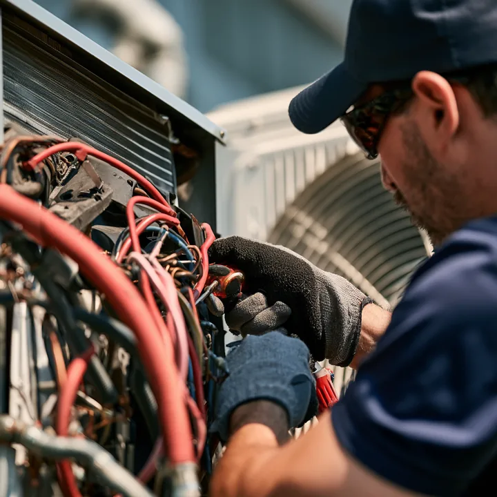 Close view of an HVAC technician checking electrical connections