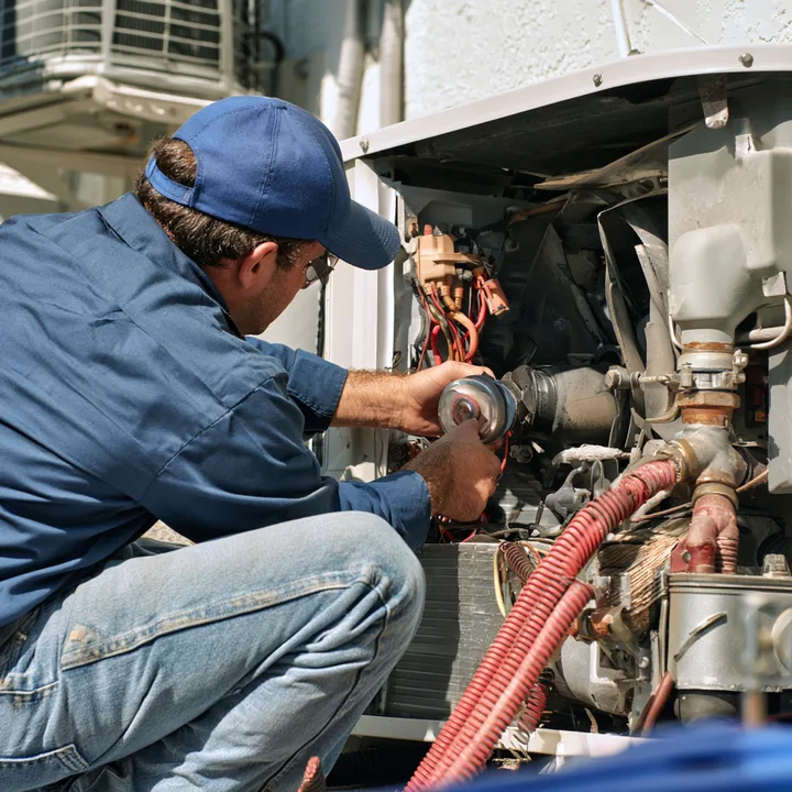 Technician working on HVAC piping and system components