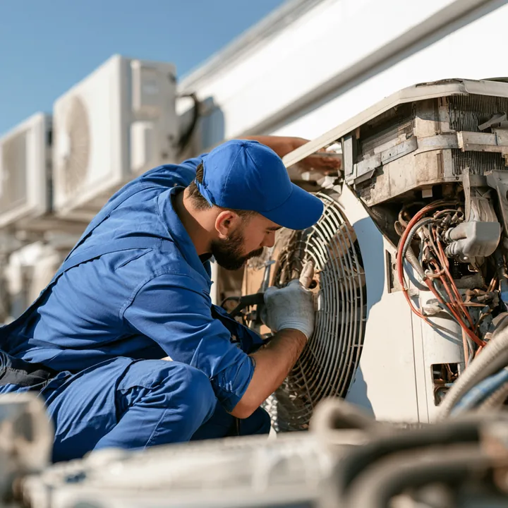 Technician performing maintenance on an outdoor HVAC unit